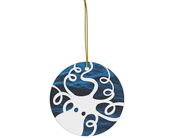 Blue and White Octopus Illustration Ceramic Ornament