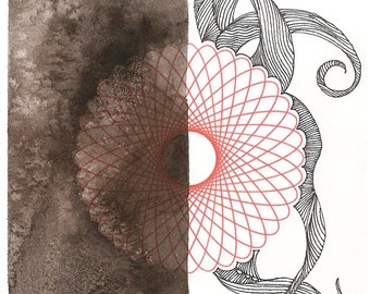 Octopus Painting - Unknown and Unknowable Octopus  - Fine Art  Print of 4"x6" Black White and Red Spirograph