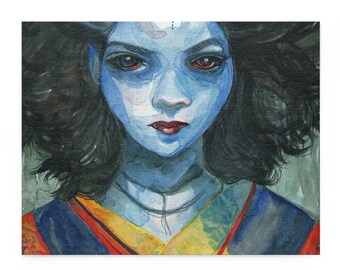 May include: A watercolour painting of a woman with blue skin and dark hair. She is wearing a red and yellow kimono. Her eyes are dark and her lips are red.