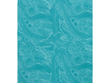 May include: Teal blue background with a white abstract pattern of swirls, waves, and circles.
