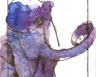 Octopus Painting - Whispering Octopus - Fine Art Print of 4"x6" Blue and Purple Watercolor