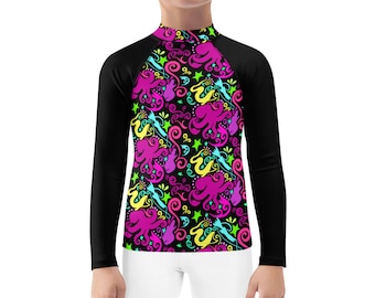 May include: A black long-sleeved rash guard with a colourful octopus and swirl pattern. The rash guard has a mock neck and raglan sleeves.