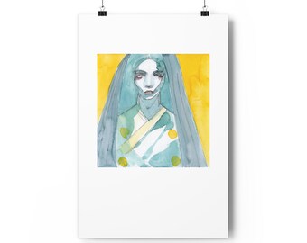 May include: A watercolour painting of a person with long blue hair wearing a green and white patterned kimono with yellow accents. The background is a bright yellow.