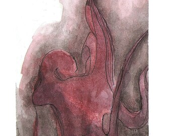 Octopus Painting - Neo Soultopus - Fine Art Print 4"x6" Fuschia Maroon and Pink Watercolor