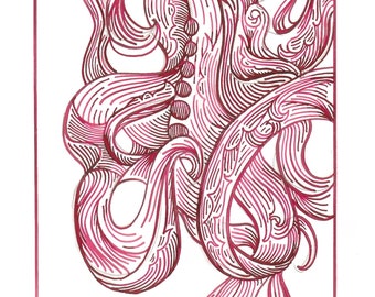 Octopus Drawing - Vagabond Vulgaris - Fine Art Giclee Print 5/50 of 5"x7" Scrollwork Drawing in Red Oxblood  Ink