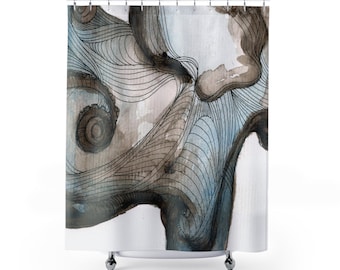 May include: Abstract shower curtain featuring a swirling pattern of black lines on a white background with watercolour washes of blue and brown.