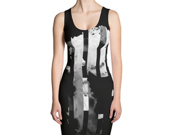 May include: Black sleeveless dress with a white abstract pattern of vertical lines and shapes.