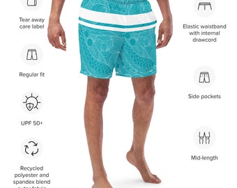 Teal Intrigue Linework Abstract Octopus Recycled Swim Trunks