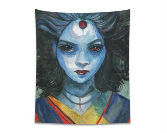 May include: A watercolour painting of a woman with long black hair and a blue face. She is wearing a colourful kimono and has a red dot on her forehead.