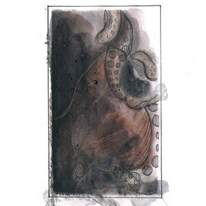 May include: Abstract watercolor painting with a dark brown background and a light brown, organic shape in the center. The shape is surrounded by black lines and circles.