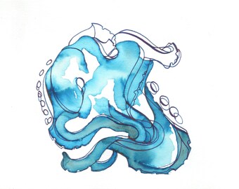 Octopus Drawing - Quantum Octopus - Fine Art  Print 5"x7" Ink Drawing in Emerald Green Iridescent Ink