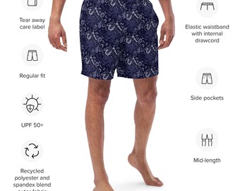 May include: Navy blue swimming shorts with a white and grey patterned design. The shorts have an elastic waistband with an internal drawstring, side pockets, and a mid-length cut. The fabric is made from recycled polyester and spandex blend.