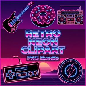 May include: A digital graphic set featuring neon-style illustrations of an electric guitar, a donut, a boombox, a video game controller, and a lightning bolt icon. The text RETRO NEON CLIPART PNG BUNDLE is centered in a metallic gradient font.