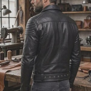 May include: A black leather motorcycle jacket featuring quilted shoulder panels, a fold-down collar, and a buckled waist belt. The jacket has long sleeves with zippered cuffs and a smooth finish, worn over dark gray denim jeans.