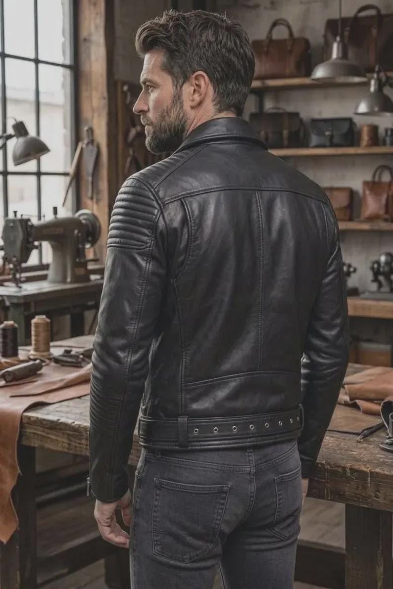 May include: A black leather motorcycle jacket featuring quilted shoulder panels, a fold-down collar, and a buckled waist belt. The jacket has long sleeves with zippered cuffs and a smooth finish, worn over dark gray denim jeans.