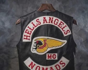 Gilet da motociclista in pelle nera Hells Angels Nomads / Teschio alato ricamato, toppe rock personalizzate