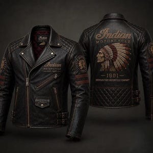 Könnte beinhalten: Eine schwarze Motorradjacke aus Leder mit asymmetrischem Frontreißverschluss, gesteppten Schulterpartien und seitlichen Schnallen. Die Vorderseite zeigt das Indian Motorcycle Branding, während der Rücken eine große Stickerei mit indianischem Kopfschmuck aufweist.