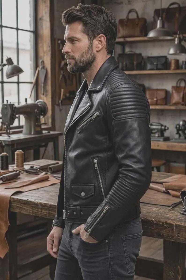 May include: A black leather motorcycle jacket featuring a notched lapel, silver-tone metal zippers on the chest and cuffs, a small snap-button flap pocket, and ribbed quilted detailing on the shoulders and upper sleeves with an adjustable waist belt.
