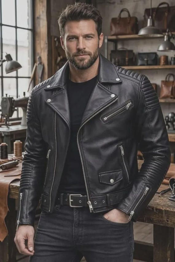 Men's Black Leather Biker Jacket | Motorcycle Cafe Racer Jacket | Quilted Shoulder Leather Coat | Vintage Rider Gift for Him