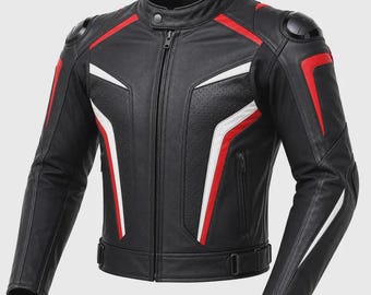 Men's Motorcycle Leather Jacket Black Red White Racing Biker Jacket Cafe Racer Protective Riding Jacket Armored Leather Jacket