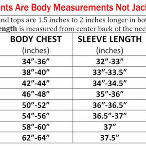 May include: A size chart table for jackets and tops with black text on a white background. The header reads These Measurements Are Body Measurements Not Jacket Measurements. It lists sizes S through 5XL with corresponding body chest, sleeve length, and waist measurements in inches.