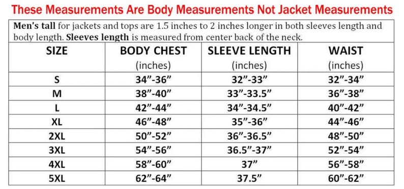 May include: A size chart table for jackets and tops with black text on a white background. The header reads These Measurements Are Body Measurements Not Jacket Measurements. It lists sizes S through 5XL with corresponding body chest, sleeve length, and waist measurements in inches.