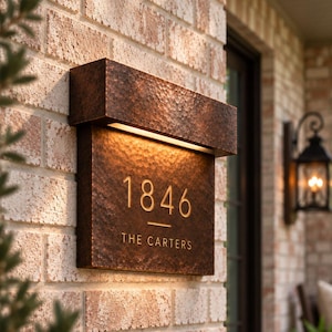 May include: A rectangular, hammered copper-toned metal house address sign mounted on a brick wall. The sign features an integrated light fixture at the top, with the numbers 1846 and the text THE CARTERS engraved in a clean, sans-serif font.