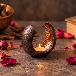 Dark Copper Aroma Burner Handmade Moroccan Oil Diffuser, Crescent Candle Holder, Hammered Copper Incense Burner, Boho Home Decor