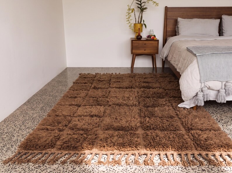 Handmade Moroccan Wool Rug: Brown Geometric Shag Area Rug (boho Modern ...