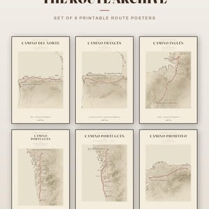 Camino de Santiago Poster Set of 6 | Pilgrimage Route Map Prints | Camino Frances Portugues Norte Primitivo Ingles | Digital Download