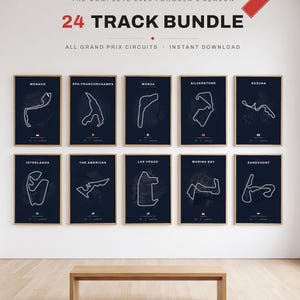 Juego de 24 pósteres del calendario de F1 2026 / Láminas decorativas de circuitos de Fórmula 1 y mapas de circuitos de Gran Premio / Descarga digital de Navy Motorsport