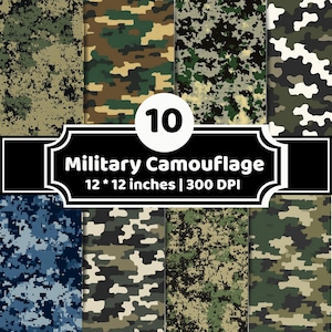 May include: A collection of 10 digital paper patterns featuring various military camouflage designs in green, brown, black, white, and blue color palettes. The text 10 Military Camouflage 12 * 12 inches | 300 DPI is displayed in the center.