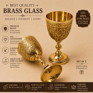 May include: A set of two gold-colored brass goblets featuring intricate hand-engraved floral patterns on the bowls and stems. The text on the image includes BEST QUALITY BRASS GLASS, 100% PURE BRASS, and SET OF 2, along with various descriptive labels.