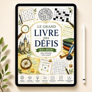 Può includere: Un tablet digitale che mostra la copertina di un libro intitolata LE GRAND LIVRE DES DÉFIS con 65+ JEUX. La copertina presenta illustrazioni di un castello, una bussola, un labirinto, cruciverba, griglie di sudoku, una lente e penne.