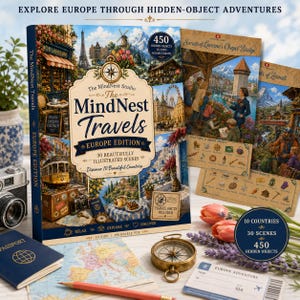 May include: A book titled The MindNest Travels Europe Edition featuring 30 illustrated scenes and 450 hidden objects. The cover displays European landmarks, a compass, and travel motifs. Included are a passport, a map, a compass, and a travel ticket.