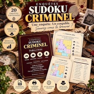 Könnte beinhalten: Ein Sudoku Criminel Rätselbuch mit dunkelrotem Einband, goldenem Text und Symbolen. Das Set enthält gedruckte Rätselkarten mit Gitternetzen, Verdächtigenlisten und Hinweisen. Der Text lautet Enquêtes Sudoku Criminel, 20 affaires à élucider und Mindnest Studio, ergänzt durch verschiedene spielbezogene Symbole und französische Beschreibungen.