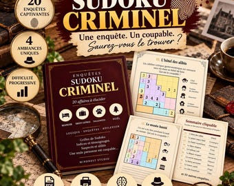 Sudoku Criminel : 20 Enquêtes Policières à Résoudre / Livret PDF A5 / Jeu de Logique Adulte / Cahier de Jeux Imprimable ou iPad