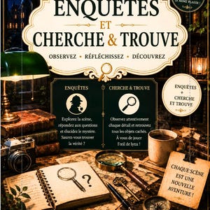 May include: A game box cover titled Enquêtes et Cherche & Trouve featuring a desk with a green banker lamp, a vintage camera, a notebook with a magnifying glass sketch, a real magnifying glass, keys, a compass, and a coffee mug.