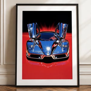 Chrome Enzo Ferrari Supercar Poster, Metal Italian Sports Car Wall Art, Red Automotive Print, Garage Decor, Man Cave Gift, Car Lover Gift