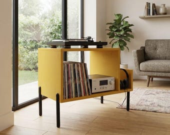 Platenspelerstandaard met opbergruimte voor LP's | Draaitafelkast | Platendisplay | Meubels in mid-century modern stijl | Platenconsole