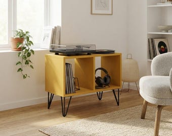 Suporte para toca-discos com espaço para guardar discos de vinil | Armário para toca-discos | Prateleira para guardar discos de vinil | Console de mídia moderno de meados do século | Móveis para vinil