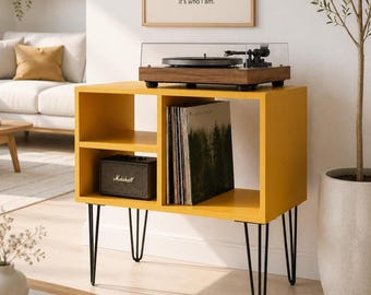 Vinyl platenspelerstandaard met opberger | Draaitafelstandaard | Opslageenheid voor lp's | Moderne vinylplank uit het midden van de eeuw | Handgemaakte mediaconsole