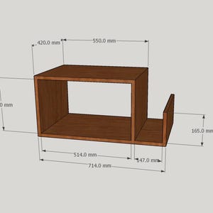 May include: A brown wooden wall shelf with an open rectangular compartment and an adjacent side section. Technical dimensions are clearly labeled, including a total width of 714.0 mm, a height of 324.0 mm, and a depth of 420.0 mm.