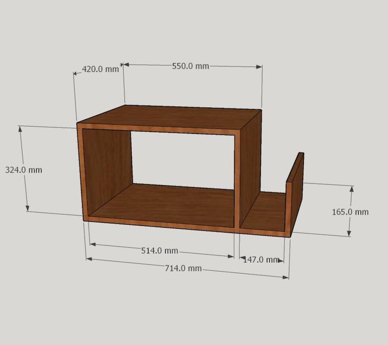 May include: A brown wooden wall shelf with an open rectangular compartment and an adjacent side section. Technical dimensions are clearly labeled, including a total width of 714.0 mm, a height of 324.0 mm, and a depth of 420.0 mm.