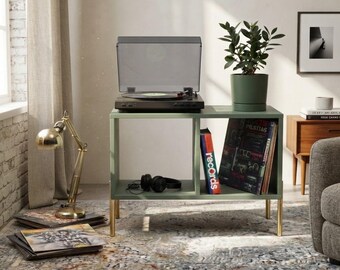 Soporte para tocadiscos con almacenamiento de vinilos / Mueble para tocadiscos / Estante para discos LP / Consola multimedia de estilo moderno de mediados de siglo / Muebles para vinilos