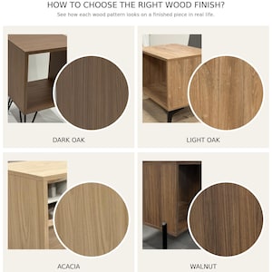 May include: A guide titled HOW TO CHOOSE THE RIGHT WOOD FINISH? showing four wood patterns on furniture pieces: Dark Oak, Light Oak, Acacia, and Walnut. Each section features a square image of a side table and a circular swatch of the wood grain.