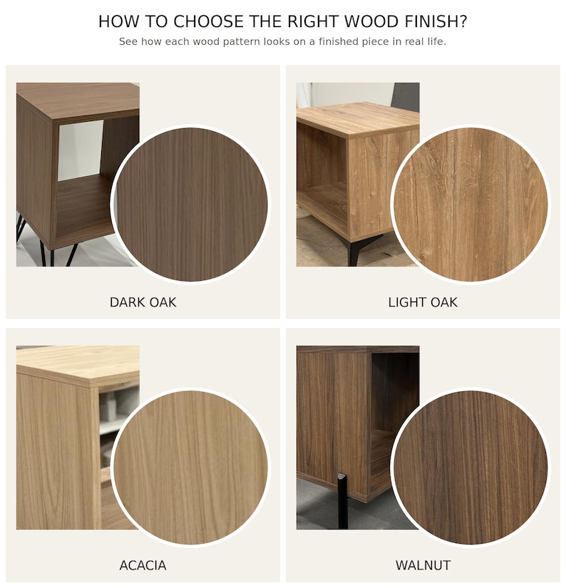 May include: A guide titled HOW TO CHOOSE THE RIGHT WOOD FINISH? showing four wood patterns on furniture pieces: Dark Oak, Light Oak, Acacia, and Walnut. Each section features a square image of a side table and a circular swatch of the wood grain.
