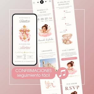May include: A digital baptism invitation displayed on a smartphone screen and a vertical layout, featuring a gold cross with pink ribbons, a cherub, a church, and text in Spanish including "Bautizo", "Martina", and "Reserva la fecha".
