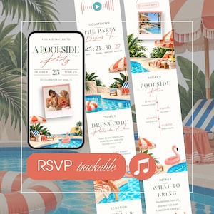 Hemsida för poolpartyinbjudningar med OSA, redigerbar Canva-mall, digital sommarfödelsedagsinbjudan, nedräkning