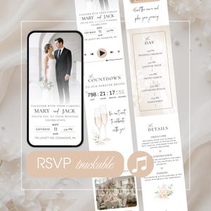 Pode incluir: Um modelo de convite de casamento digital exibido na tela de um smartphone e painéis verticais. Apresenta uma foto de um casal, um cronômetro de contagem regressiva, interface de reprodutor de música, cronograma e detalhes RSVP com Mary e Jack.